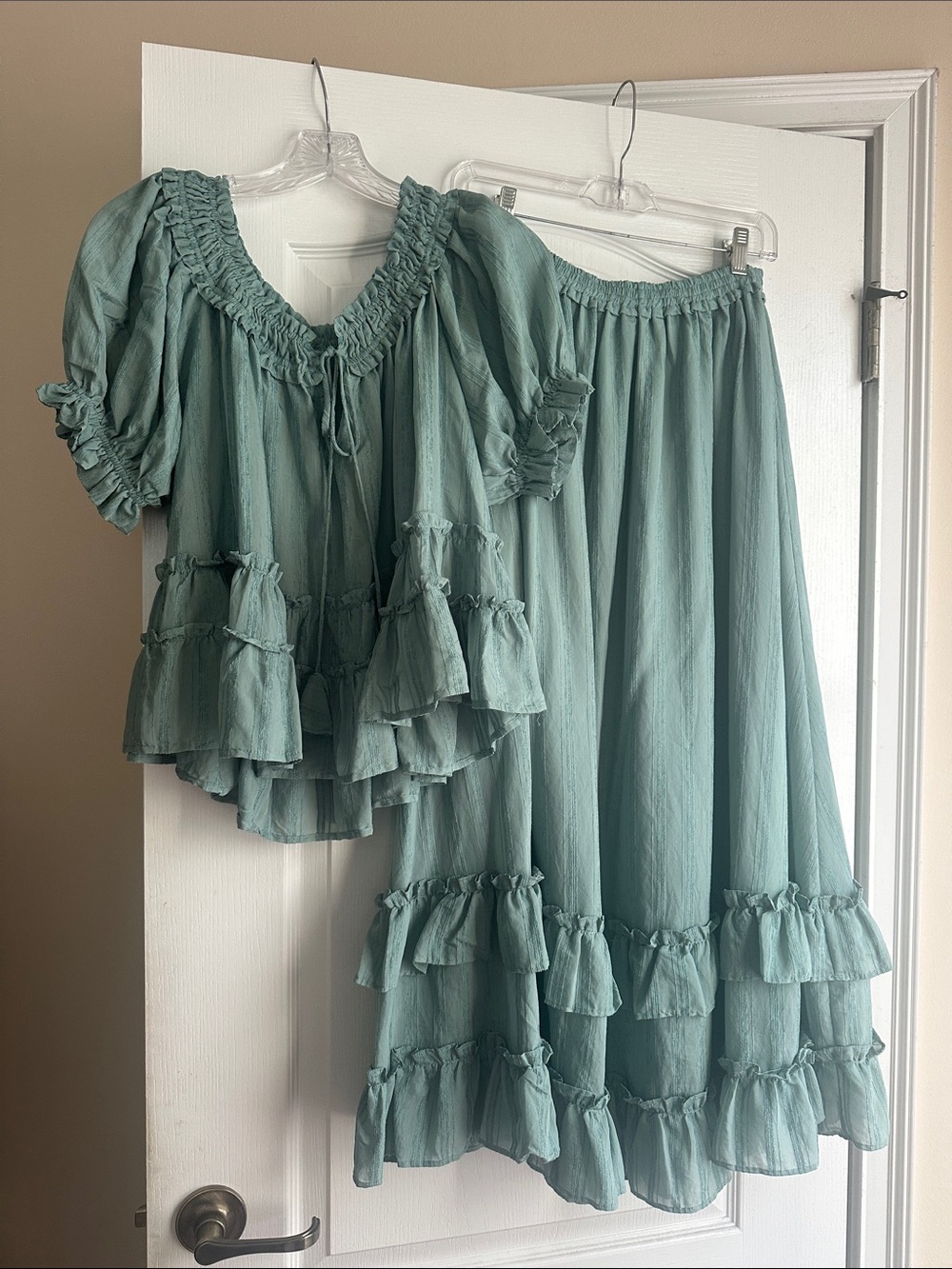 Promesa Sage Green Ruffle Tiered top & skirt worn once - Picture 2 of 5